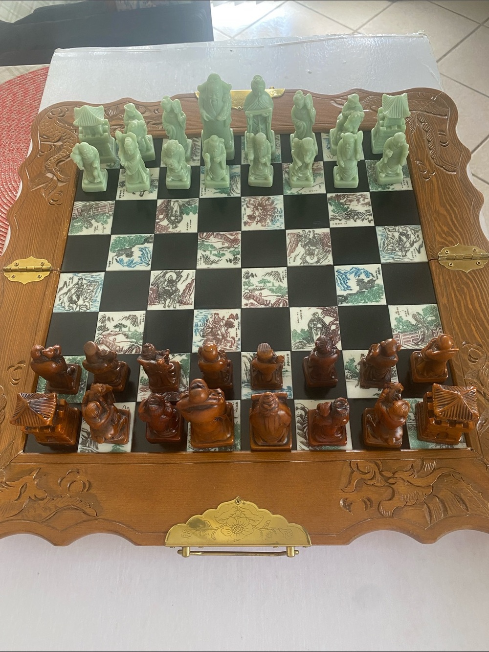 Handcrafted Green & Brown Decorative Chess Set in Folding Wooden Case. - Picture 1 of 5